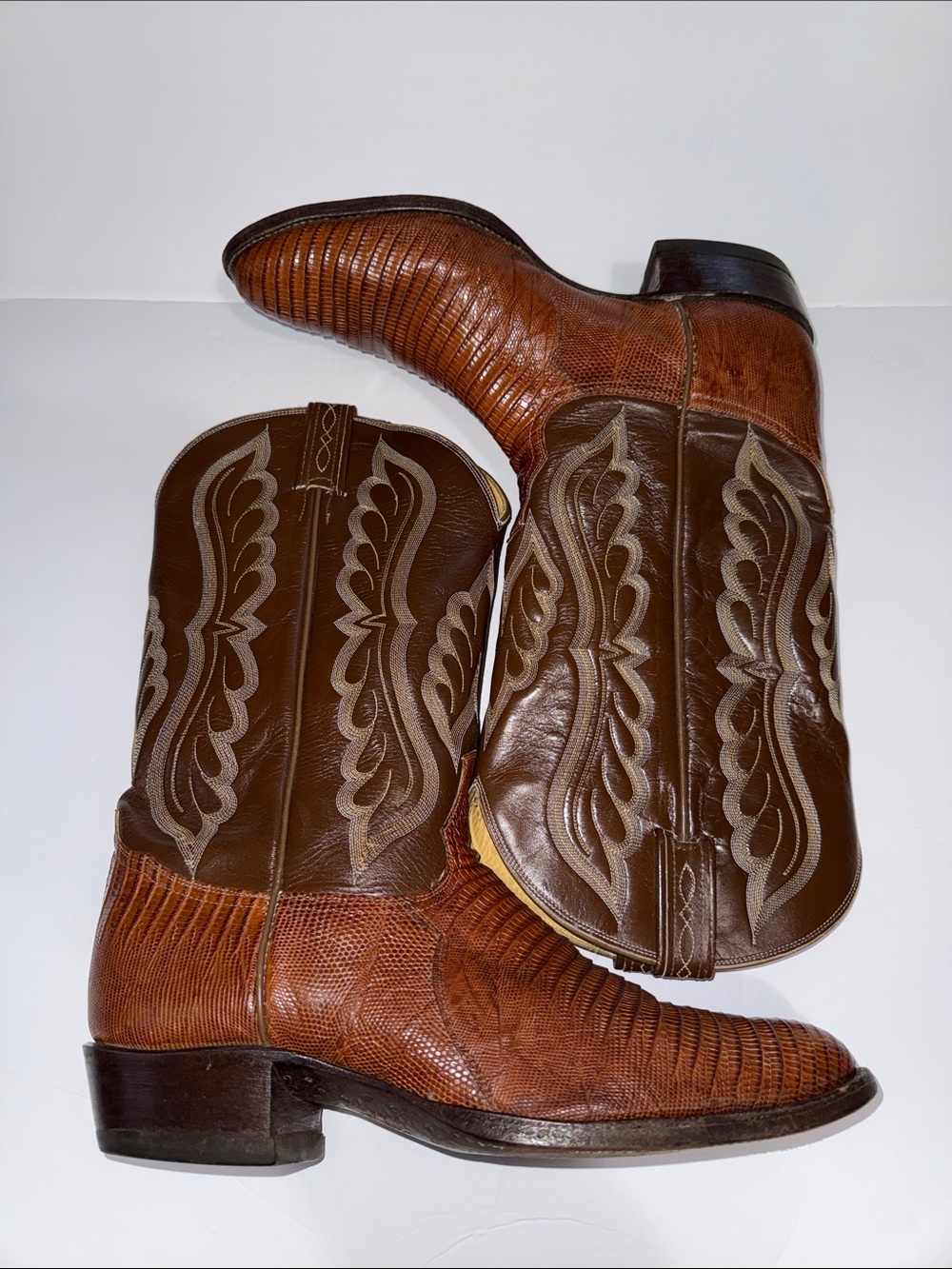 Tony Lama Two-Tone Brown Lizard-Textured Cowboy Boots